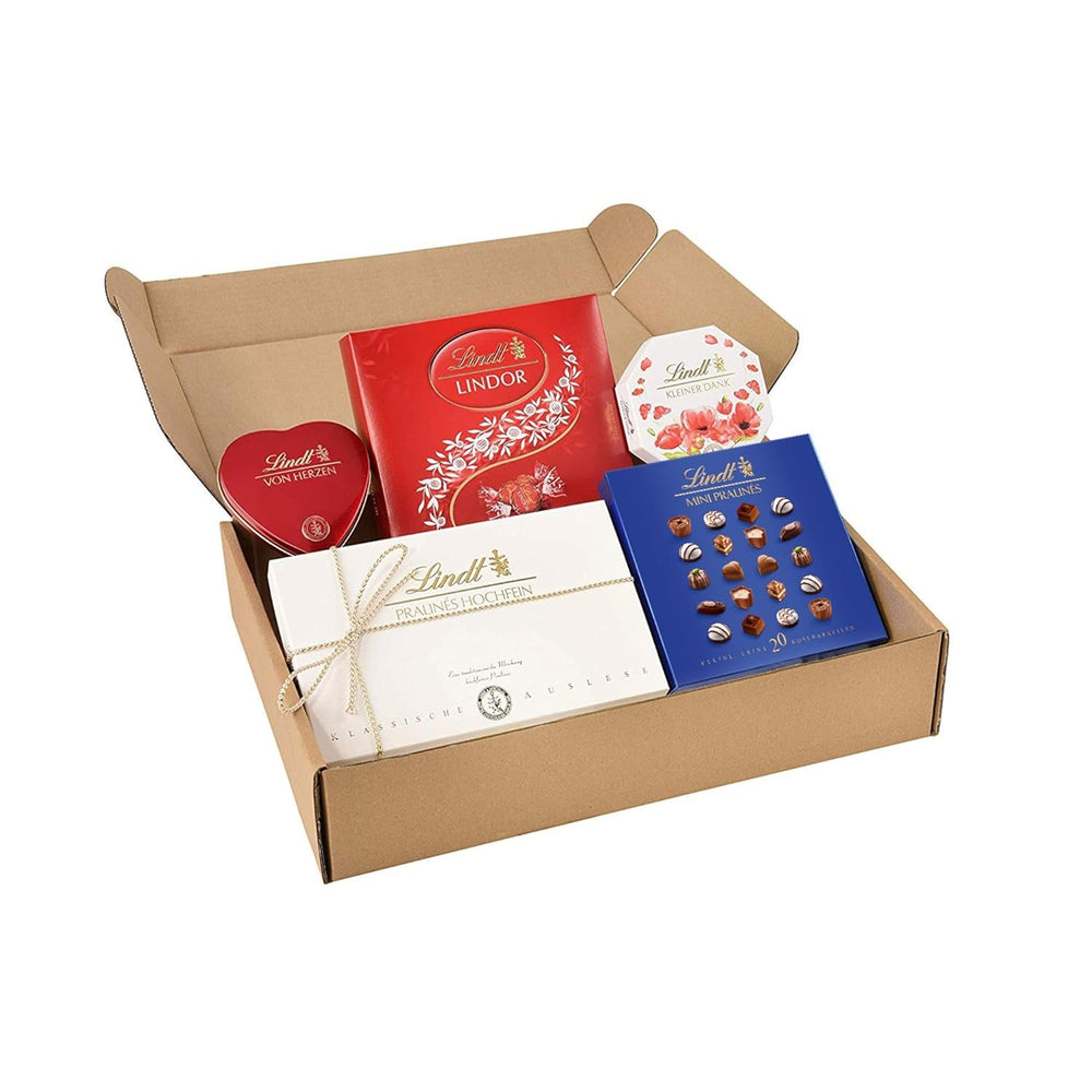 Lindt csokoládé praliné ajándékkészlet | 477g | 5 doboz Lindt praliné a következő változatokban: Exquisite, Mini Praliné, LINDOR Gift, Kis köszönet, Szívből | Praliné ajándék | Csokoládé ajándék