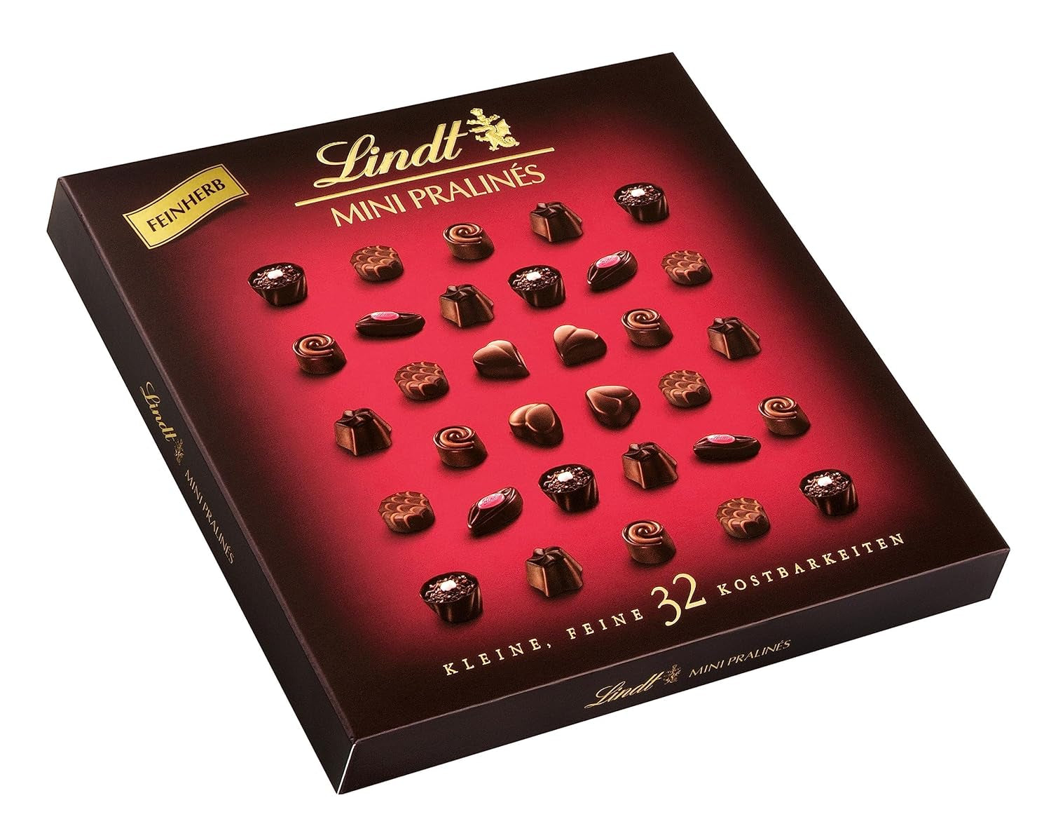 Lindt, csokoládédoboz, egyenként 18 pralinéval, 6 válogatásban, 90 grammos Naty Shop csokoládé cukorka 163 gramm étcsokoládé különféle töltelékekkel
