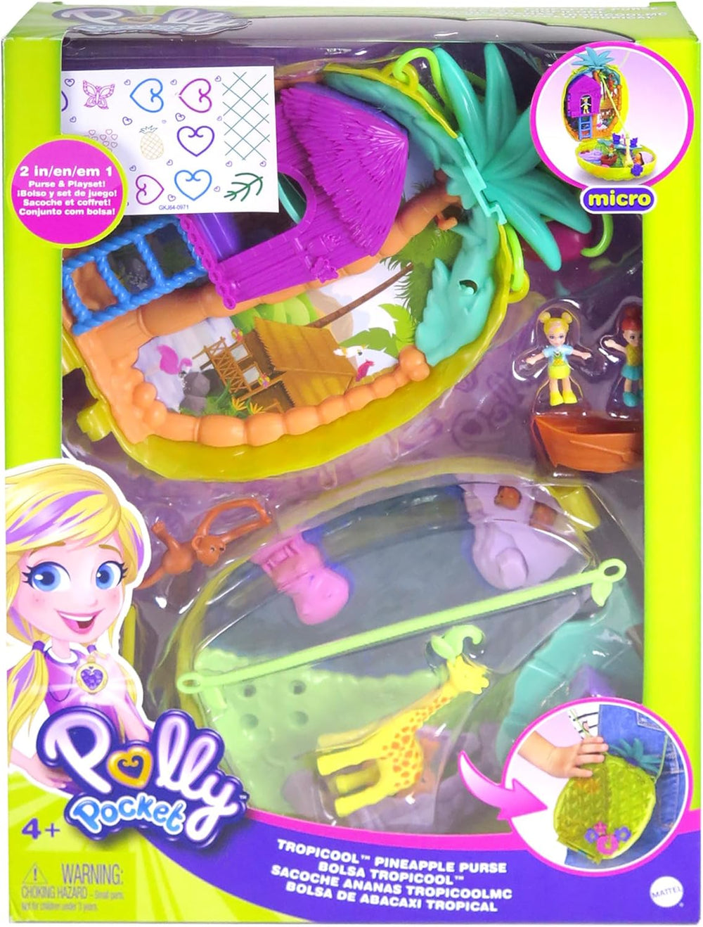 Polly Pocket GKJ64 - Pineapple Pocket Compact, portabil, cu 8 funcții distractive, păpuși Polly și Lila, 2 accesorii și foaie cu stickere; jucărie pentru copii cu vârsta de 4 ani și peste