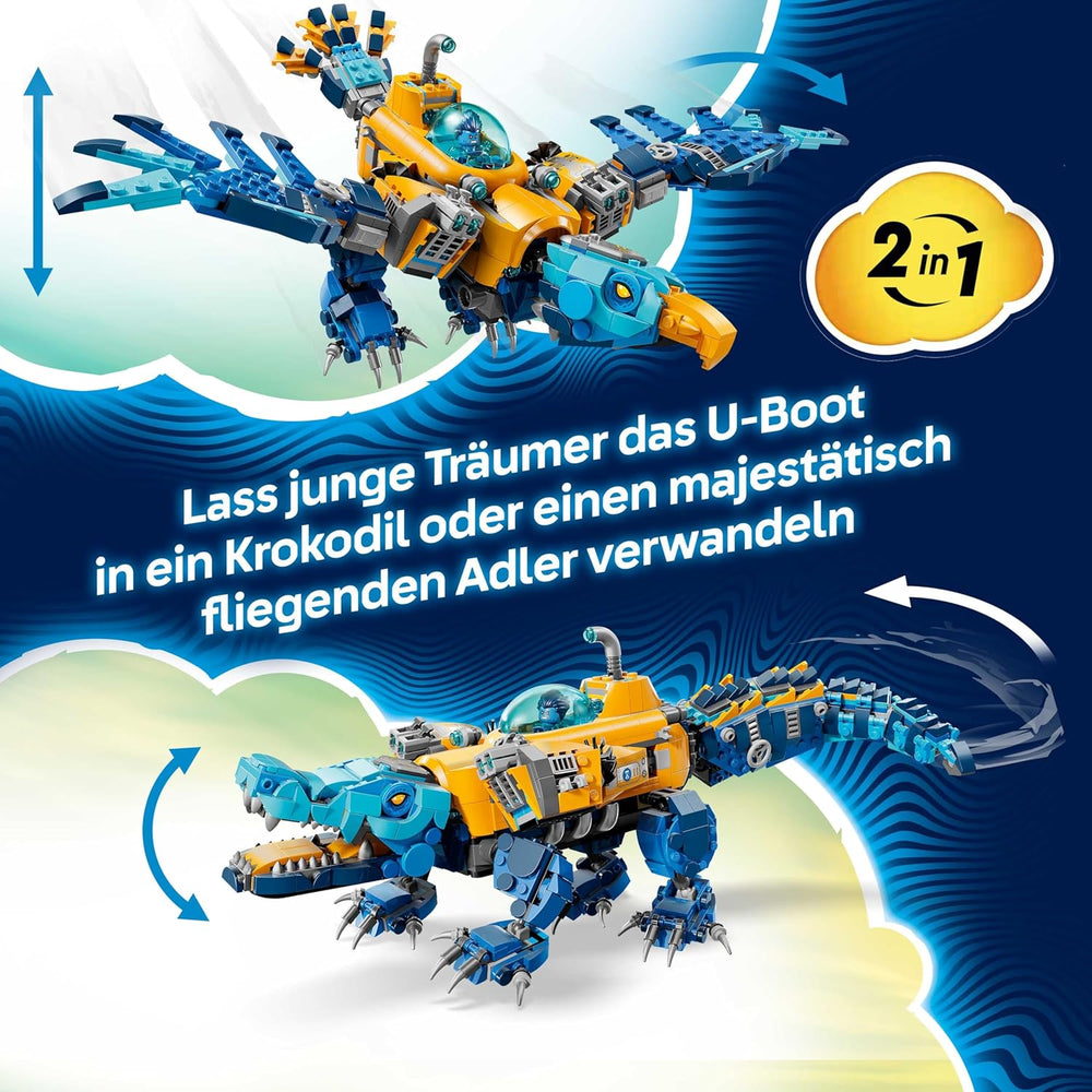 LEGO DREAMZzz 2 az 1-ben Krokodil-U-Boot - Spielzeug verwandelbar az Adler-U-Boot-ban - beleértve. 3 minifigura, 2 Spinnen und Einer sammelbaren blue Treasure-Kreatur - Geschenk für Jungen ab 8 Jahren - 71512