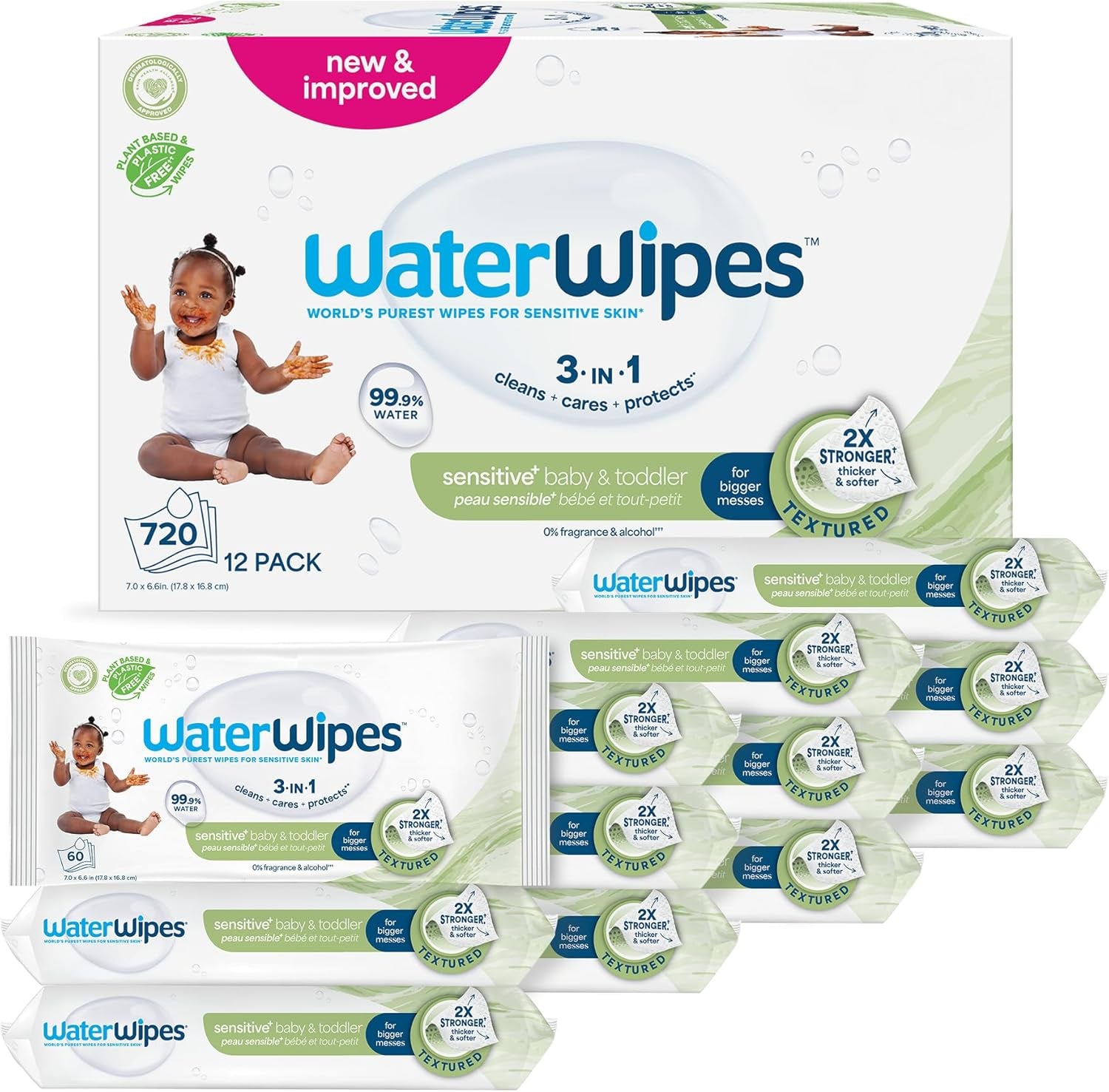 WaterWipes Sensitive+ baba- és kisgyermekkori nedves törlőkendők, 720 darab (12 csomag), 3 az 1-ben tisztítás, ápolás, védelem, 99,9% víz, texturált tisztító, illatmentes