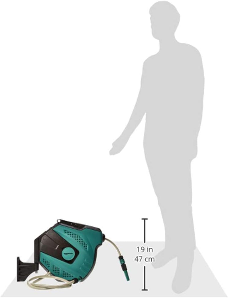 Rolă de furtun de perete Amazon Basics cu furtun, înfășurare automată, 15 m, verde bleumarin, negru