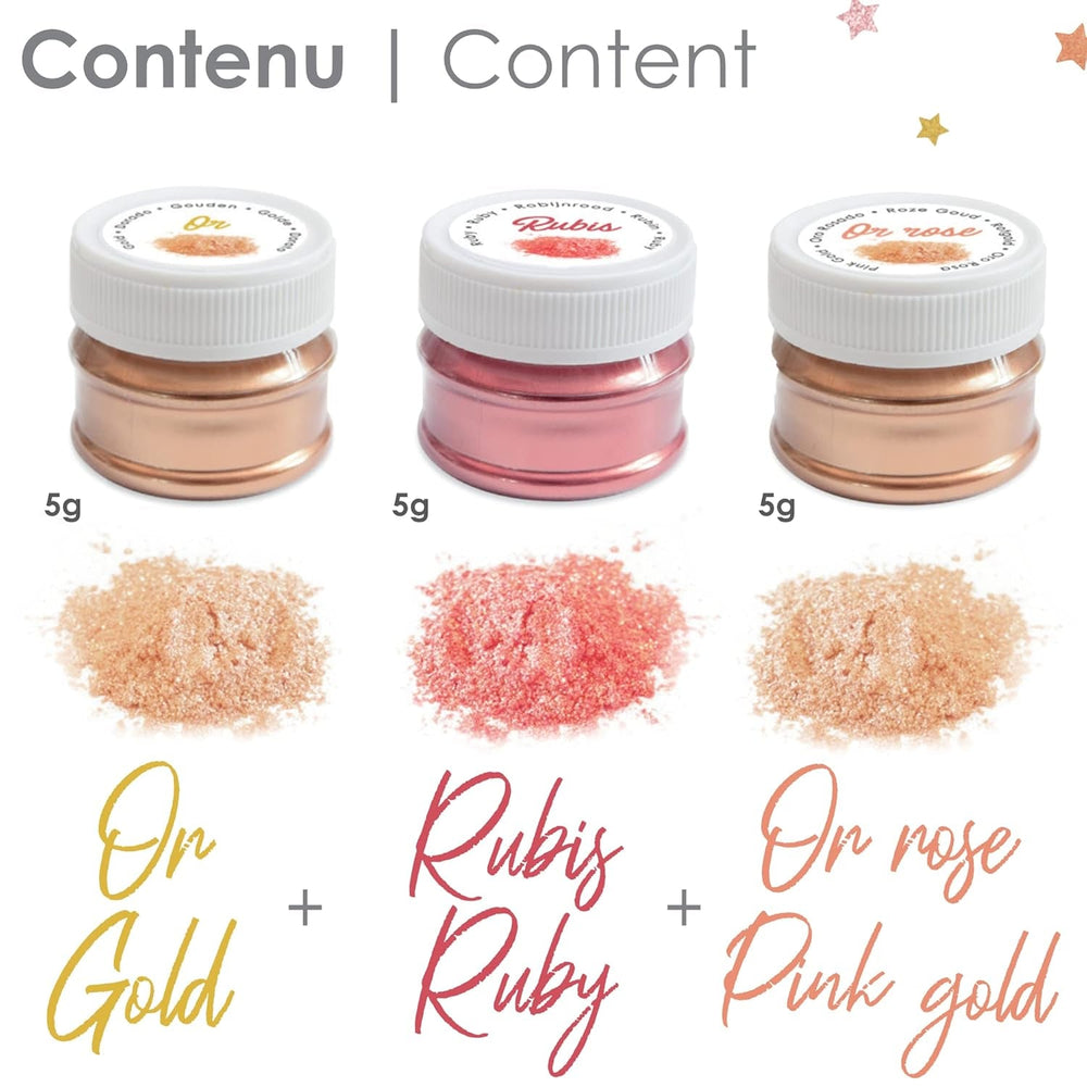 Scrapcooking - Set de 3 coloranți alimentari metalici - Colorant alimentar: auriu, auriu roz și rubin - Colorant alimentar comestibil pentru copt, prăjituri, fursecuri, torturi, ciocolată - 4019