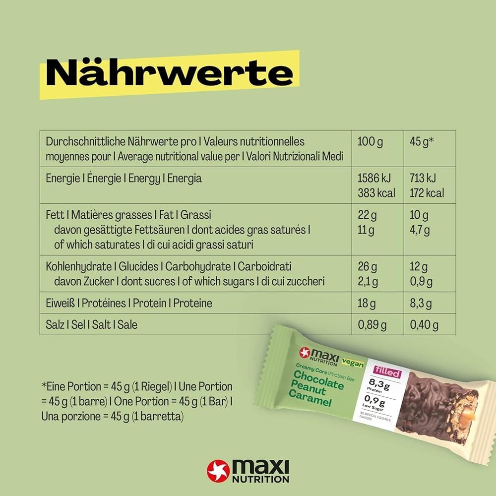 MaxiNutrition Baton proteic vegan cremos cu ciocolată, arahide și caramel 12x45g - baton proteic vegan, 18% proteine, 8,3g per baton, conținut scăzut de zahăr (0,9g), fără zahăr adăugat, fără arome artificiale
