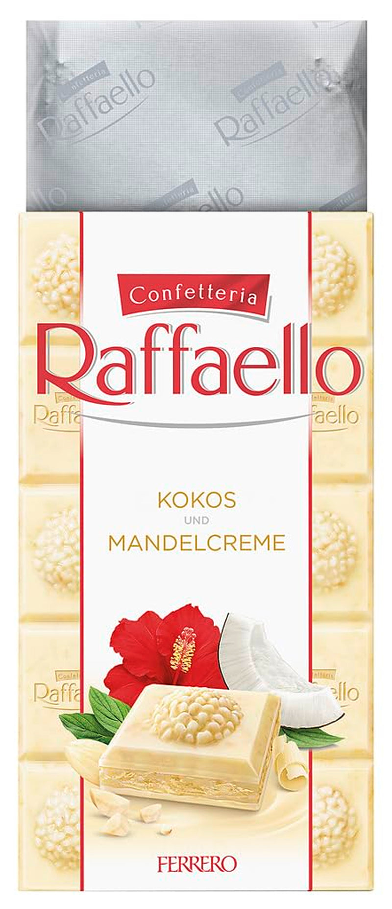 Baton de ciocolată Ferrero Raffaello – Cadou de Ziua Îndrăgostiților pentru el și ea – Ciocolată albă cu cremă de cocos și migdale – 1 baton de ciocolată x 90g