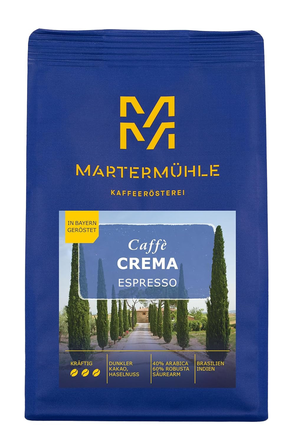 Martermühle Crema Espresso 500g tare | Arabica/Robusta | Arome: Cacao neagră, alune | Boabe de espresso întregi prăjite ușor, aciditate scăzută