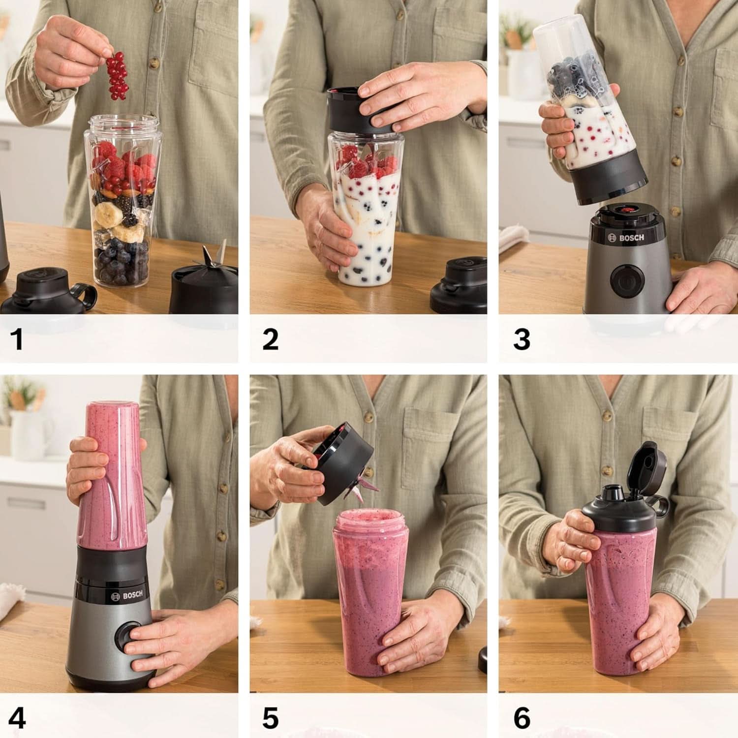 Bosch Mini-Standmixer Vitapower Serie 2 MMB2111S, Highspeed-Mixer, Bis Zu 40 000 rpm, Tritan Togo-Flasche 0,6 L, Trinkdeckel, Bruchsicher, Spülmasch.Geeignete, 450W, Silber/Sch Teilwarz Kitchen