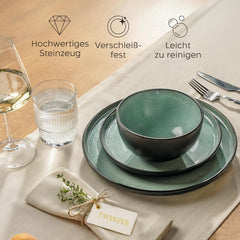 Set de veselă din gresie Twinzee, 24 de piese pentru 6 persoane - Set bol și farfurie - Veselă din gresie pentru cuptorul cu microunde - Colecția Riviera