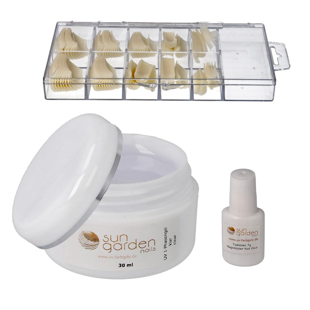 Gel transparent Sun Garden Nails monofazic 30ml + cutie cu 100 vârfuri + lipici pentru vârfuri 7ml
