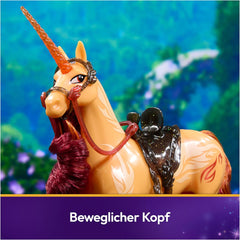 Unicornul Cinder de la Unicorn Academy - 28 cm înălțime, unicorn original de Valentina din serialul Netflix, cu coamă și coadă reale, frâu și șa detașabile și perie, pentru copii cu vârsta de 4 ani și peste