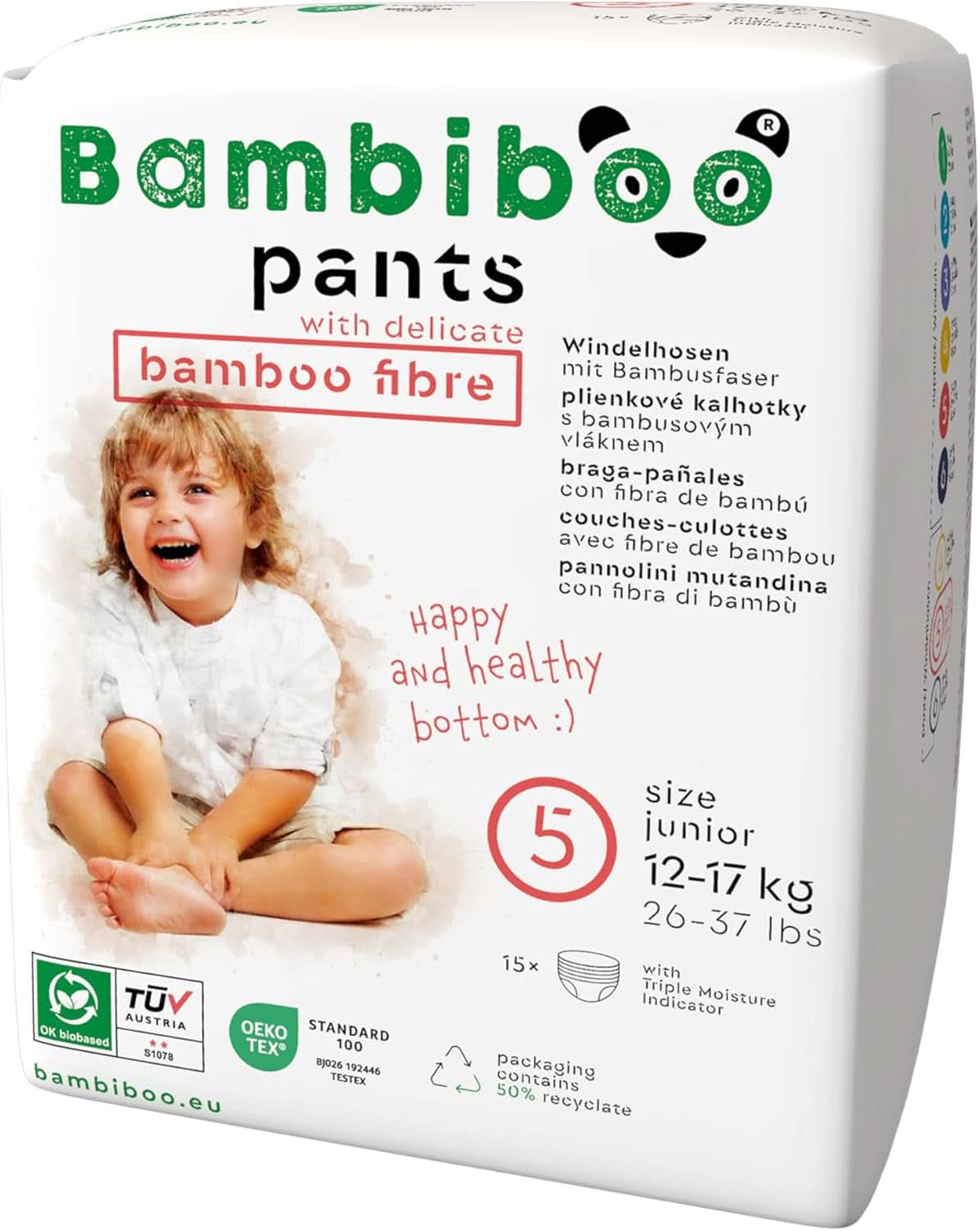 Bambiboo Scutece de unică folosință, prietenoase cu pielea, cu fibre fine de bambus - pantaloni scutece de unică folosință Mama si Copilul Naty Shop Pantaloni scutec, marimea 5, 15 bucati