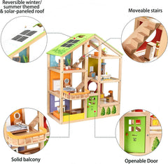 Hape Four Seasons Wooden Doll's House Casă de păpuși premiată cu trei etaje, cu mobilier, accesorii, scări mobile și acoperiș reversibil pentru fiecare sezon Casute de papusi Naty Shop