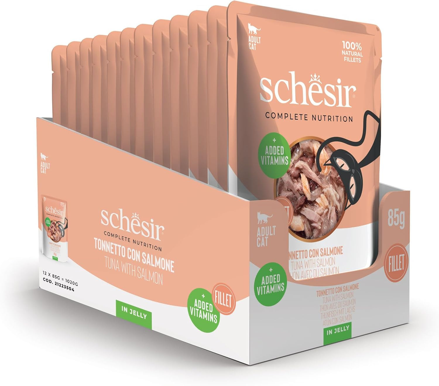 , Thunfisch mit Lachs in Gelee, komplettes Nassfutter für Katzen, im Beutel, 100% natürliche Inhaltsstoffe, tierversuchsfrei, 12 x 85 g
