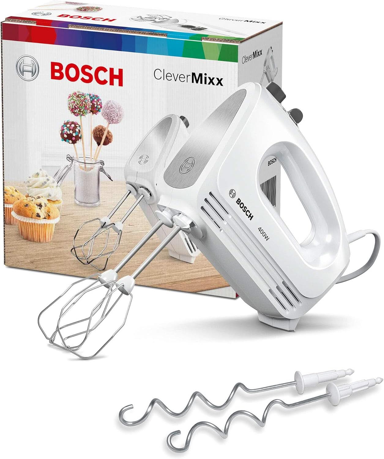 Bosch Hausgeräte Handrührer Clevermixx MFQ24200, 2 Rührbesen, 2 Spülmaschinengeeignet, 4 Stufen, Leicht, Leise, 400 W Weiß/Edelstahl Kitchen Naty Shop