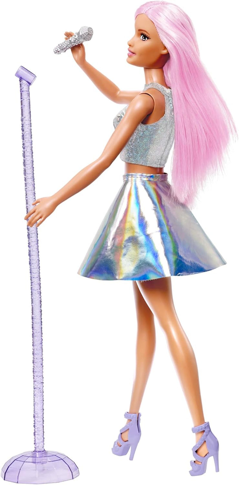 Barbie Pop-Star-Puppe gekleidet in einem schillernden Rock mit Mikrofon und rosafarbenem Haar, Geschenk für Kinder von 3 bis 7 Jahren, JCW42, Schillernd