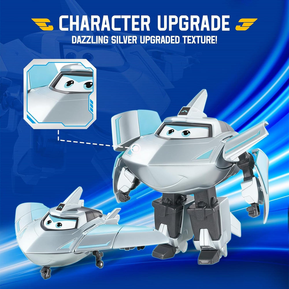 Super Wings Transformation Plane Supercharged Traver, kb. 12,7 cm-es nagy gyerekek Játékfigura Repülőgép és Robot figura fiúknak és lányoknak 3 éves kor felett ezüst akciófigurák Naty Shop