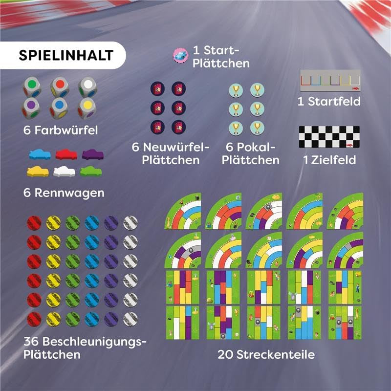 HABA Monza - Gyors társasjáték és autóverseny 5 év feletti gyerekeknek - 6 színes faautóval és színes kockával - 2012226001