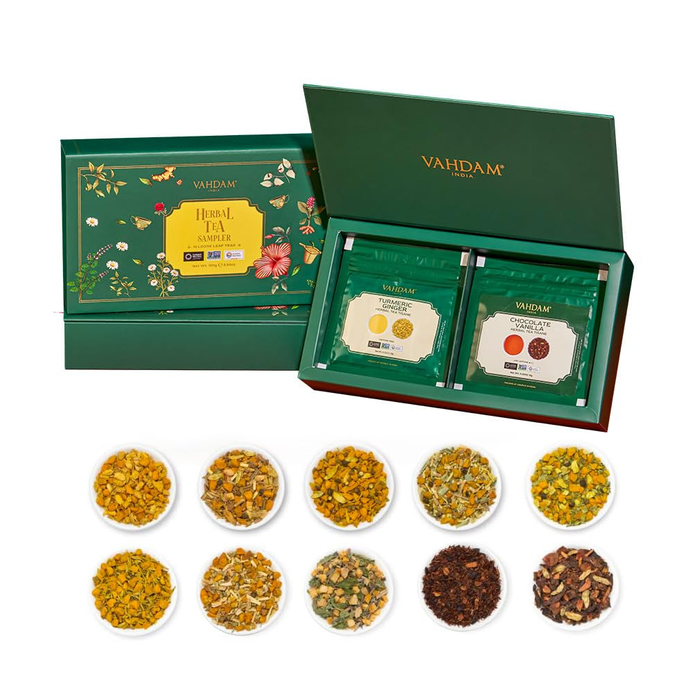 VAHDAM, set cadou cu sortimente de ceai - set de 10 ceaiuri | Ingrediente 100% naturale | Set cadou cu ceai vrac | Ceai negru, ceai verde, ceai Oolong, ceai Chai, ceai alb | Ceai vrac | Set cadou cu set de ceaiuri de probă