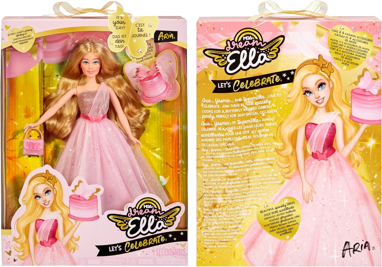 MGA's Dream Ella Ünnepeljük Bábát - ARIA - 29 cm-es nagy szőke Party Modepuppe - Rosa & Gold Glitter Konfettischmetterlinge - 5 kiegészítő - Für Sammler & Kinder ab 4 Jahren