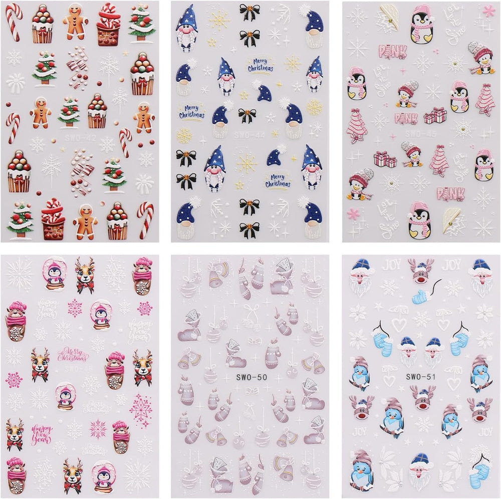 JMEOWIO Nagelsticker Weihnachten 6 Blatt Nail Art Sticker Selbstklebend Nagelaufkleber Schneeflocke Winter Urlaub Süß Dekoration Nageldesign Zubehör