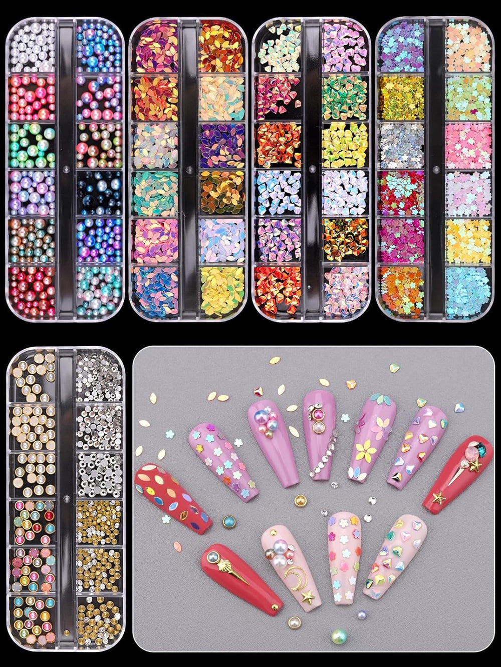 EBANKU Nail Art Strass Kit Multi Design Zubehör Mit 1 Pinzetten 1 Stück Wachsstifte Deko Diamanten Kristalle Perlen Edelsteine Bunt Pferdeaugen Strass Metall Nieten Für Nagel DIY (1 Stück (10Er Pack))