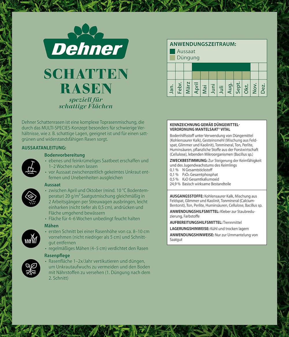 Dehner Saatgut Schattenrasen, Hochwertige Rasensamen Schnell Keimend/Selbstregenerierend, Ideal Für Schattige/Halbschattige Flächen, Fsc-Zertifizierte Verpackung, 1.25 Kg Für Ca. 50 M²