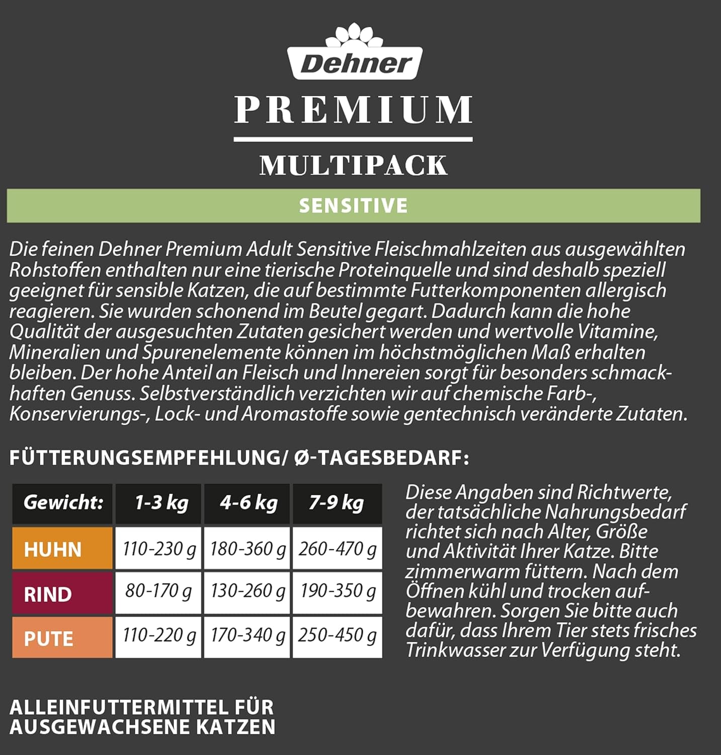 Dehner Premium Katzenfutter Sensitive Multipack, Nassfutter, für ernährungssensible Katzen, je 4 x Huhn / Rind / Pute, 12 x 100 g Beutel (1.2 kg)