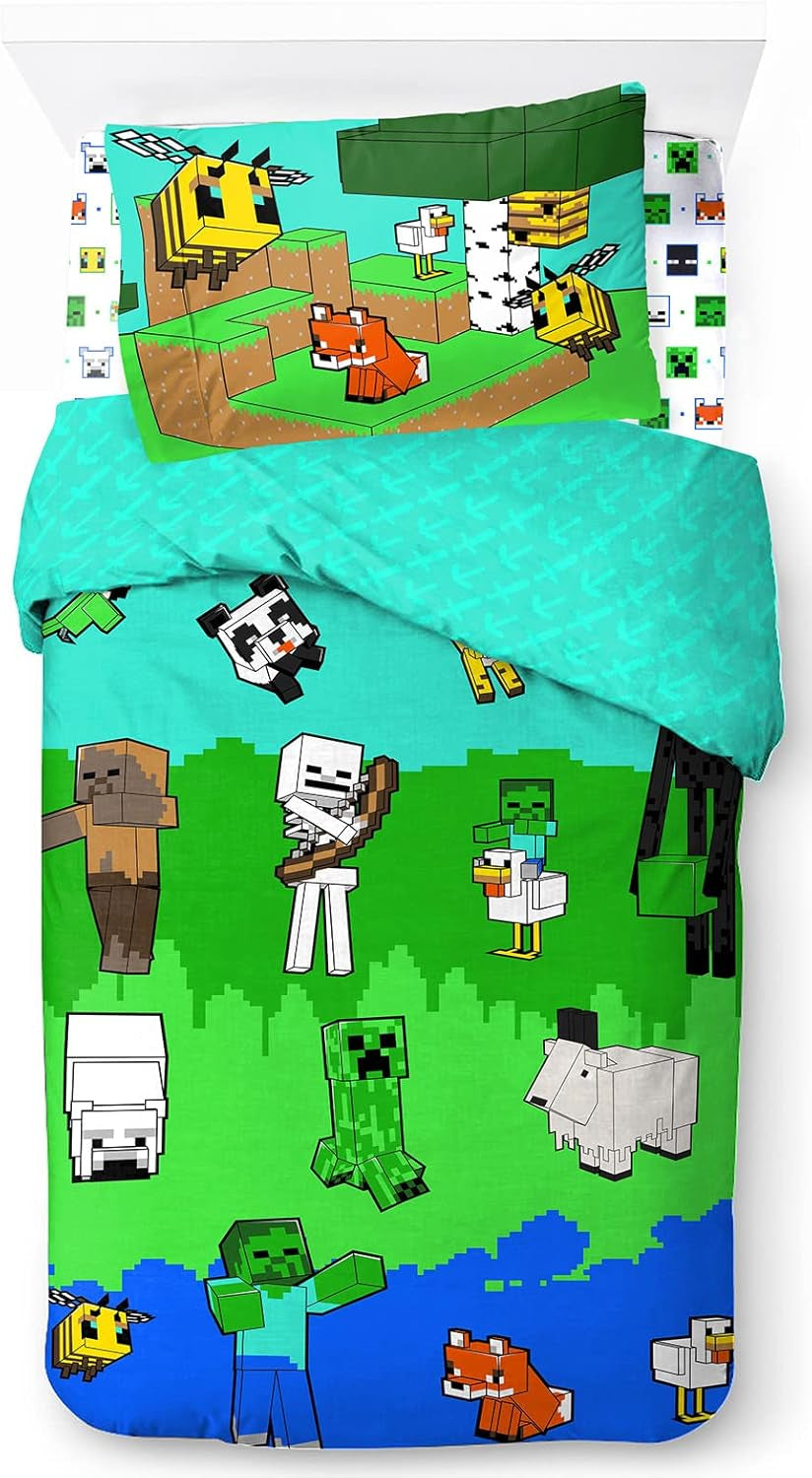 Ágynemű gyerekeknek, unisex, hercegnők és szuperhősök számára, 100% pamut Ágynemű - gyermek Naty Shop Multicolor - Minecraft 135X200/50X70 (3 db)