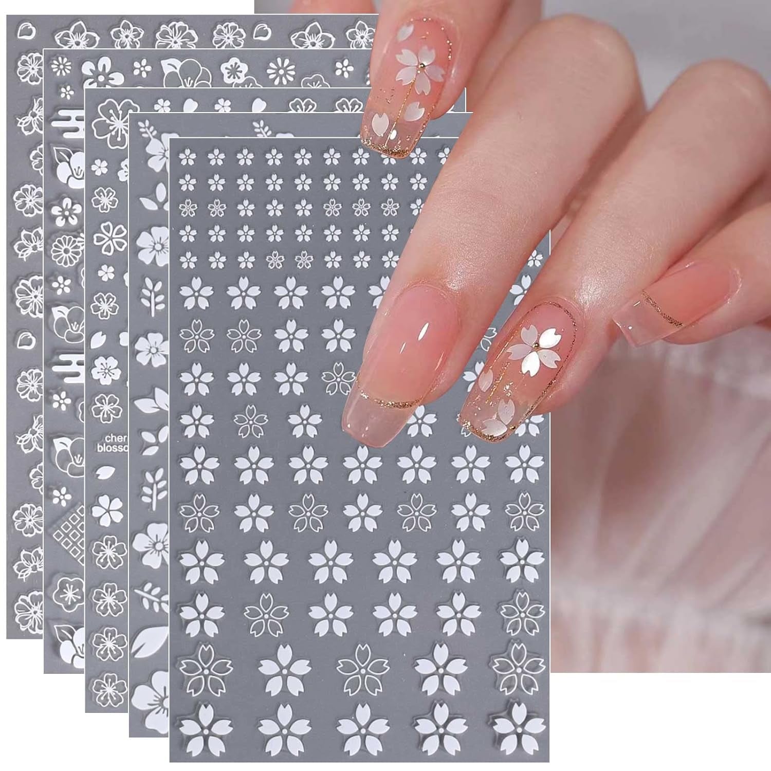 JMEOWIO Nagelsticker Frühling Weiße Blume 9 Blatt Nail Art Sticker Selbstklebend Nagelaufkleber Sommer Blumen Dekoration Nageldesign Zubehör