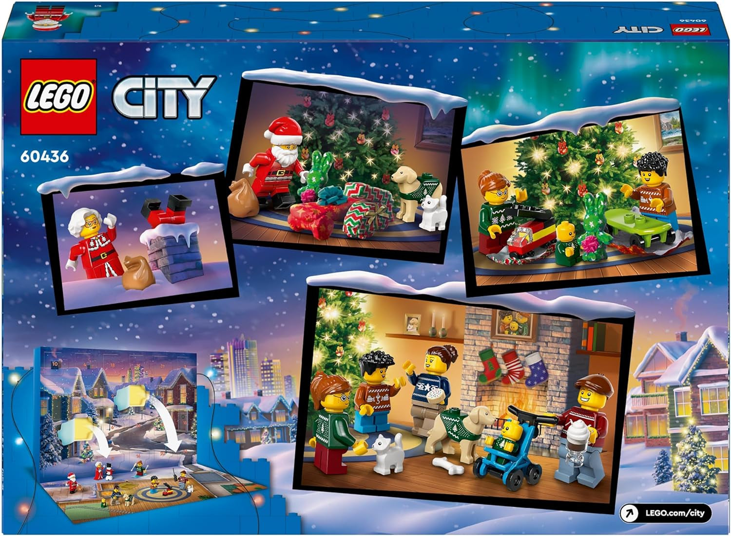 LEGO City Adventi naptár 2024, Adventi ajándék gyerekeknek 5 éves kortól, 24 meglepetés, minifigurák karácsonyi overallban, Mikulás és Mikulásné, karácsonyi ajándék 60436 Építőkészlet Besuche den LEGO-Store