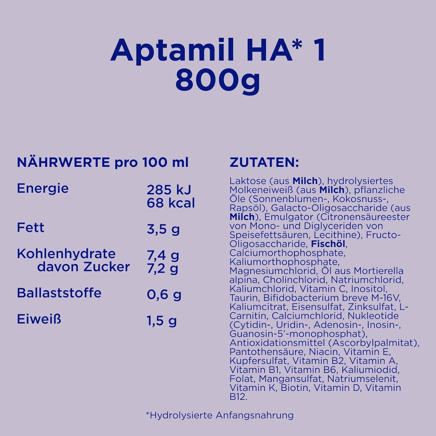 Aptamil HA 1 - Születéstől csecsemőtápszer, DHA-val, laktózmentes, pálmaolaj mentes, bébiétel, tejpor, 1 x 800 g