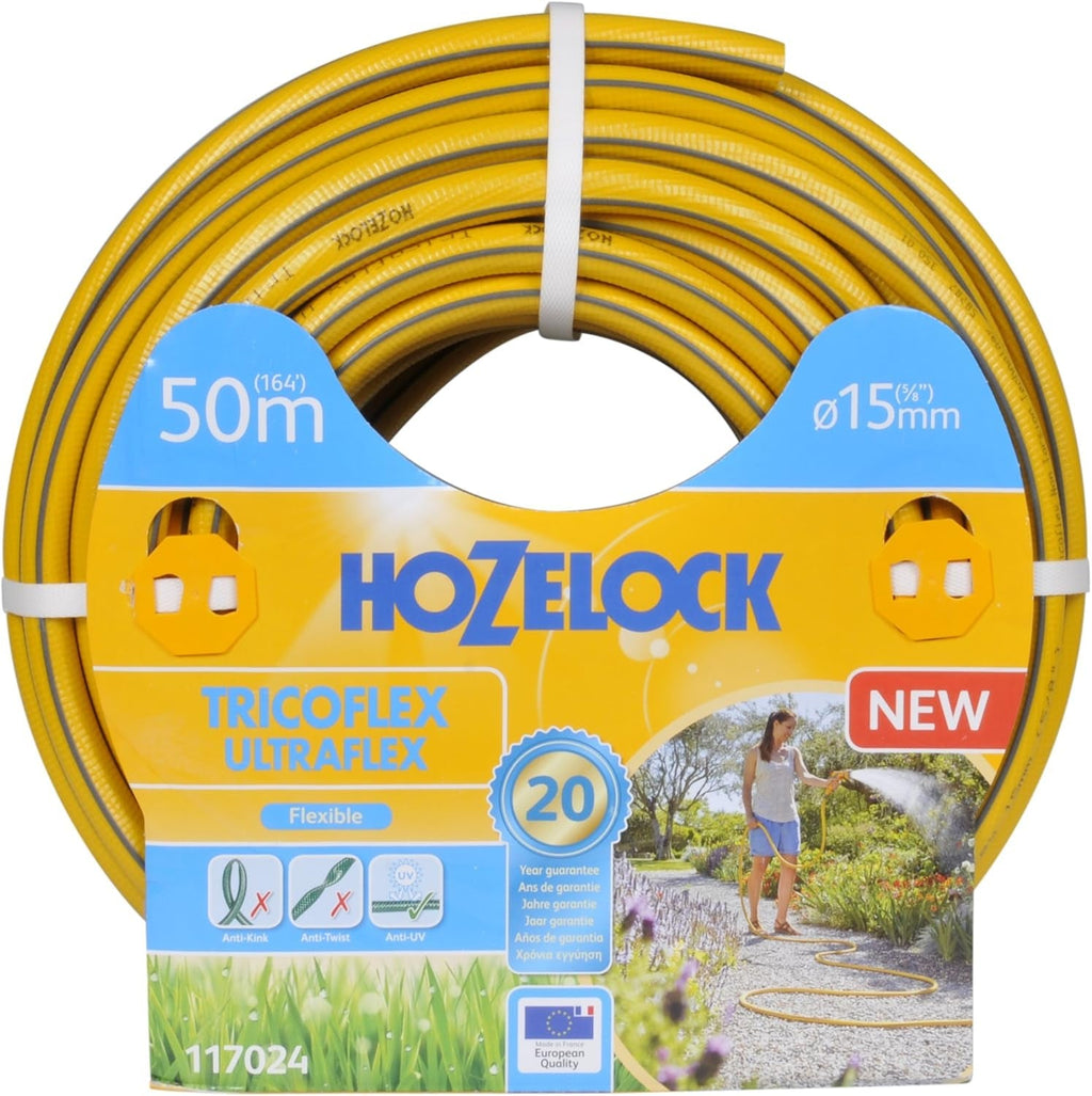 HOZELOCK - Furtun Tricoflex Ultraflex Ø 12,5 mm (1/2") 20 M: Furtun flexibil de grădină, rezistent la intemperii, la răsucire și îndoire, fabricat din 40% PVC reciclat [117002], galben