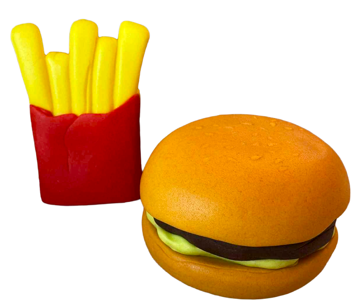 Ehető tortadekoráció Hamburger és sült krumpli – 2 darabos cukrászmassza szett (~6 cm)