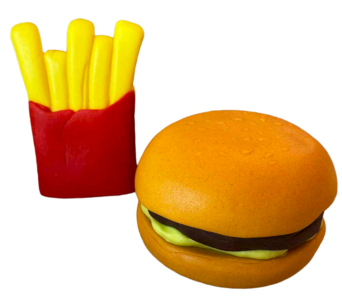 Ehető tortadekoráció Hamburger és sült krumpli – 2 darabos cukrászmassza szett (~6 cm)