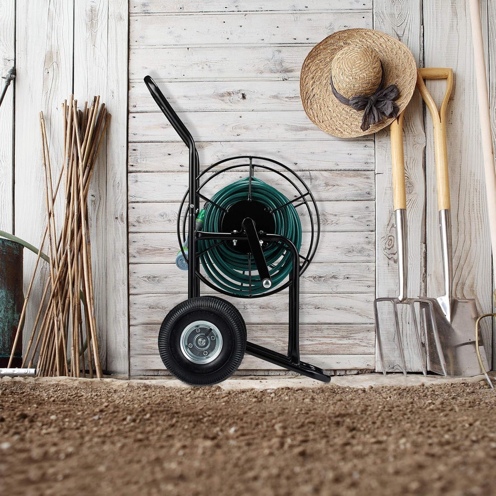 Cărucior furtun Relaxdays, rolă furtun mobilă, racord 1/2" și 3/4", furtun până la 80 m, 2 roți, metal, negru