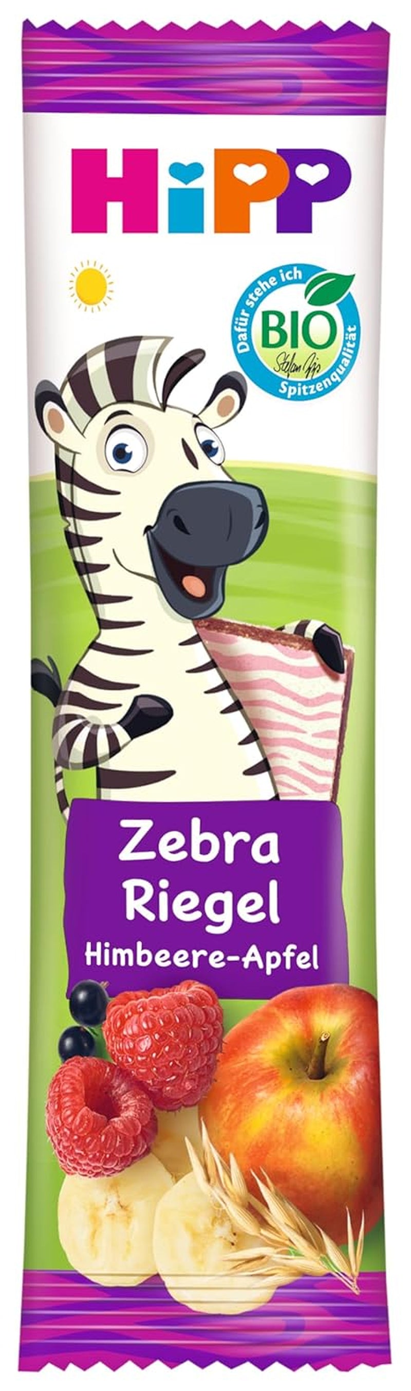 HiPP Zebra szeletek málna és banán alma ízzel (22 x 23 g), 1 éves kortól, csak gyümölccsel édesítve, a legjobb bio minőségben