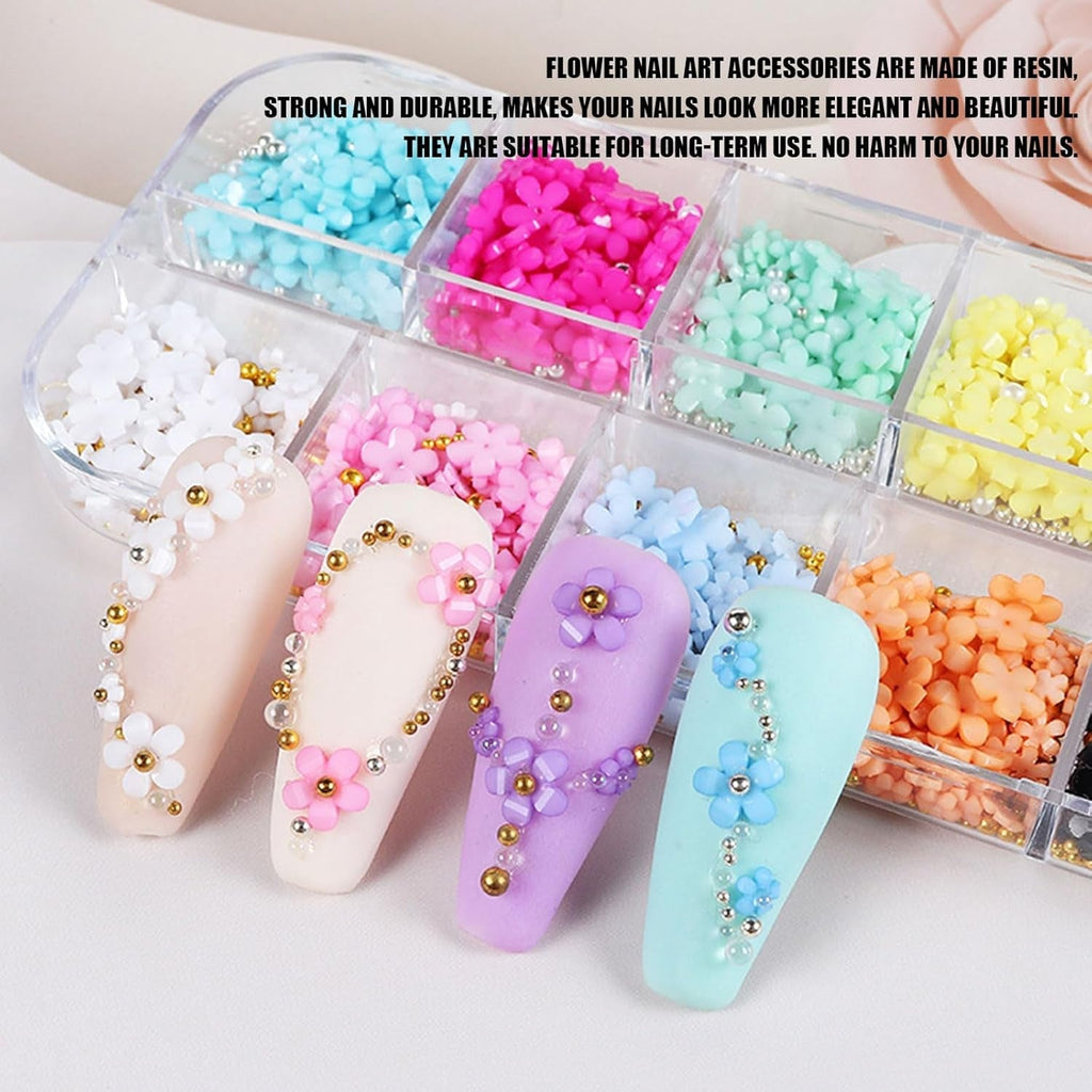 Talismani pentru unghii cu flori 3D, 12 grile de pietre pentru unghii din rășină acrilică cu flori și mărgele aurii și argintii, unghii cu gel floral, decorațiuni pentru unghii cu flori pentru femei și fete, accesorii DIY pentru manichiură