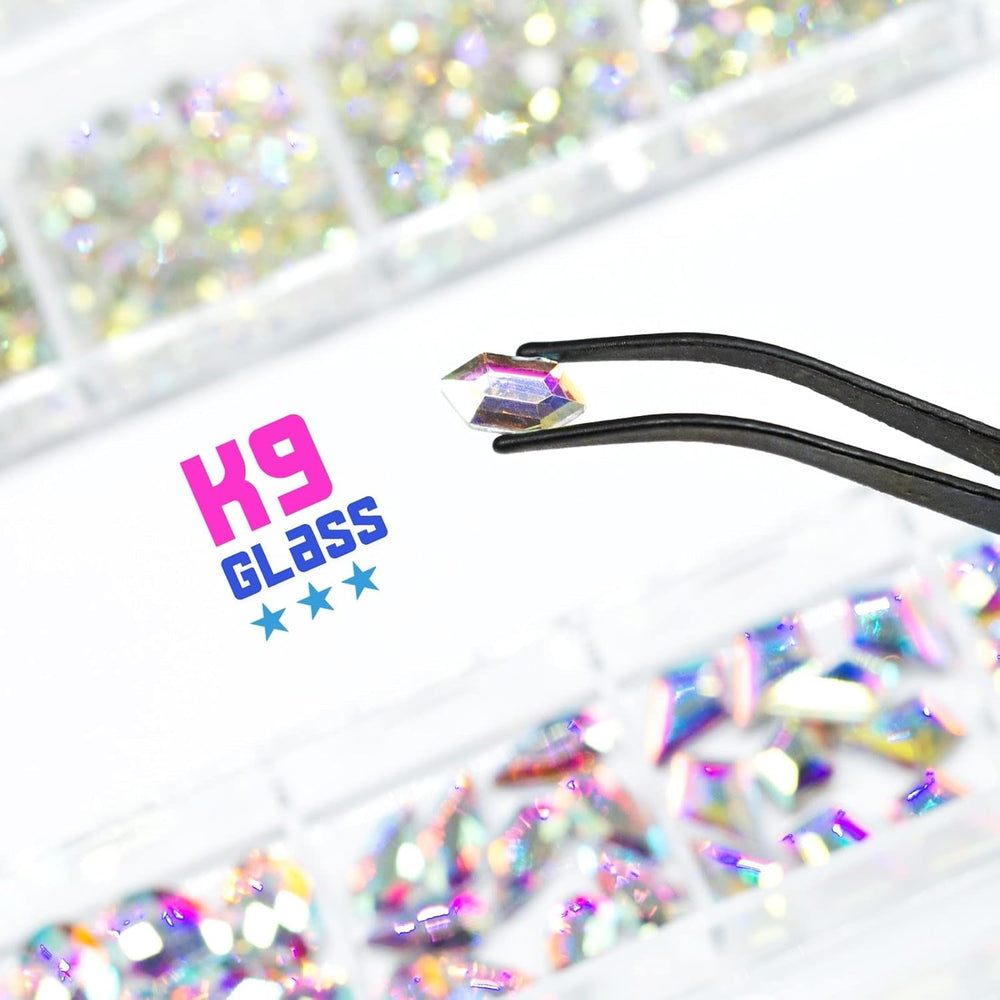 2630 buc pietre strălucitoare cristal AB pentru unghii, 120 pietre strălucitoare mari de 12 tipuri + 2510 pietre rotunde din sticlă K9 de 6 dimensiuni pentru unghii, strasuri, design de unghii, brelocuri pentru unghii pentru arta feței