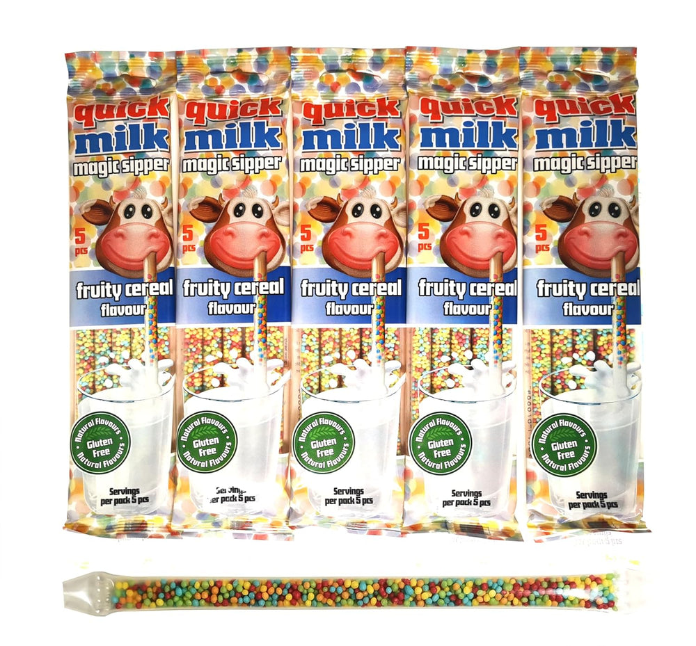 QUICK MILK Gyümölcsös gabonapehely – Strohhalme für Milch mit Getreide und Früchten, 5 Packung je 5 Trinkhalme (25 Halme)