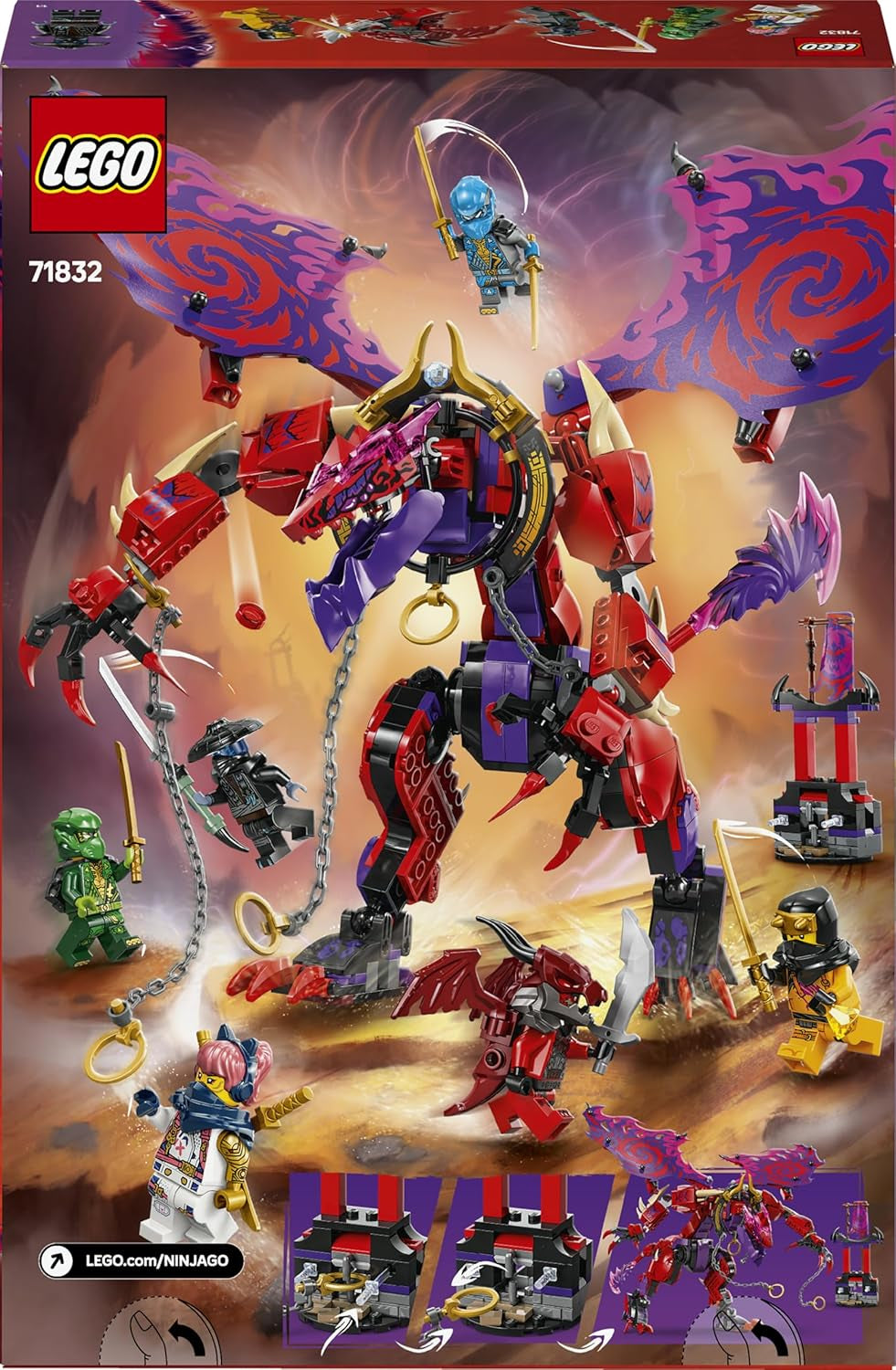 LEGO NINJAGO Chaosdrache Donnerzahn - Spielzeug mit 6 Ninja Minifiguren - Rollenspiel Bauset für Jungen und Mädchen ab 8 Jahren - Geschenke für TV-Serie Aufstieg der Drachen 71832