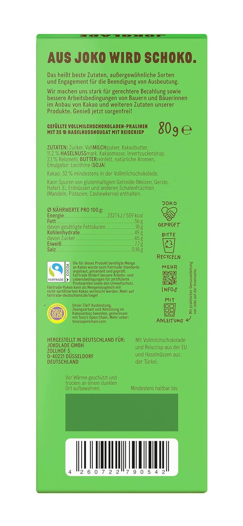 JOKOLADE PRALINE Doboz 80g | Bőséges töltelék mogyoró-nugát krémmel és chipsekkel | Fair trade csokoládé a Joko Winterscheidttől