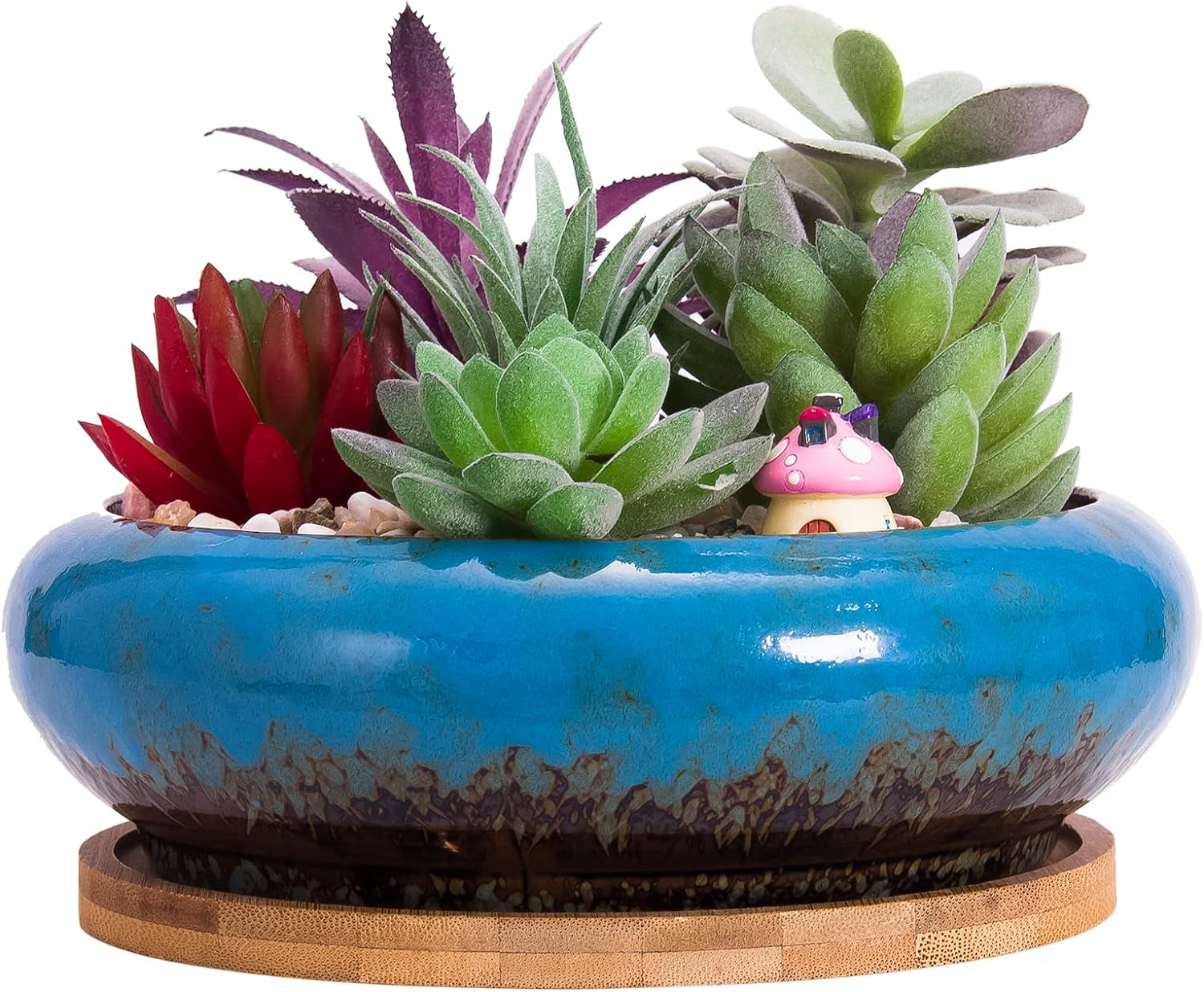 Ghivece mari pentru plante suculente cu farfurioare din bambus, jardiniere ceramice pentru cactus de 18,5 cm, ghivece rotunde pentru flori, recipiente pentru bonsai pentru grădină, birou, decorare birou