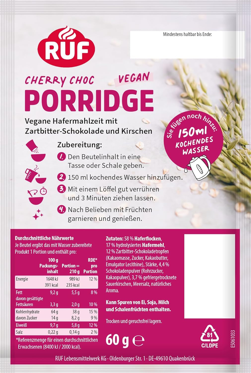 Veganes Porridge Oat Cherry Choc, Oatmal Mit Zartbitter-Schokolade & Kirschen, Einfache Zubereitung, Im Praktischen Portionsbeutel, 1 X 60 G (Packung Mit 3) Cereale Naty Shop