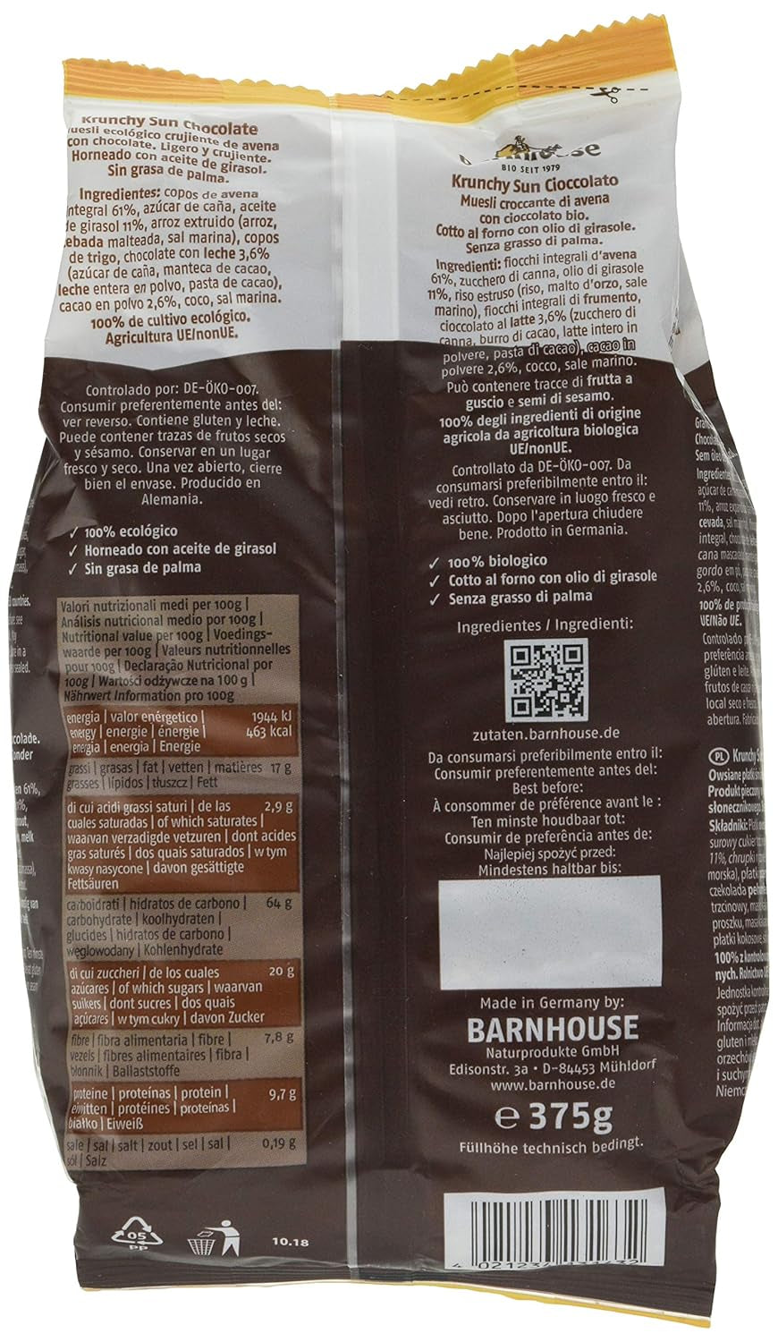 Barnhouse Krunchy Sun | Müzli csokoládéval | Ökológiai | Vegetáriánus, 375 gramm