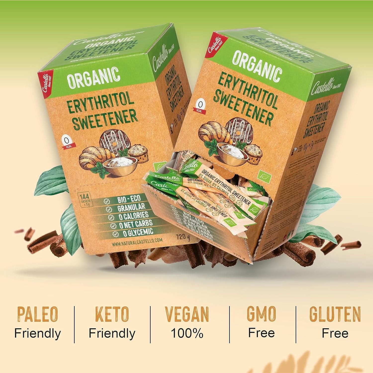 Eritritol natural organic | 144 pungi de 5 G, 720 grame total Indulcitori Naty Shop