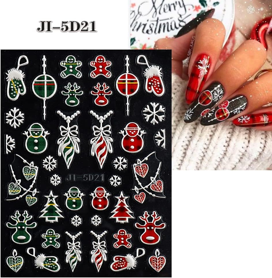 5 Blatt 3D Nagelsticker Weihnachten Nagelaufkleber 5D Stereoskopisch Selbstklebend Schneeflocke-Weihnachtswinterurlaub Nail Art Sticker Dekoration Nageldesign Zubehör