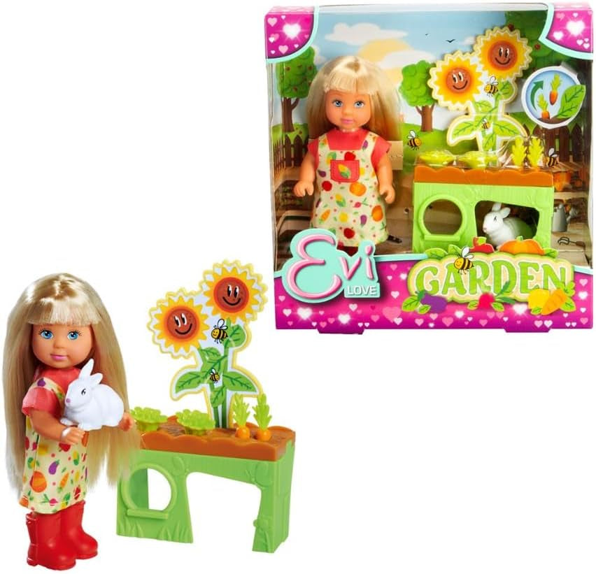 Simba Evi Love Garden, Puppe im Garten mit Hochbeet und Gemüse zum Ernten, inclusie kleinem Hasen, 12cm Spielpuppe, ab 3 Jahren