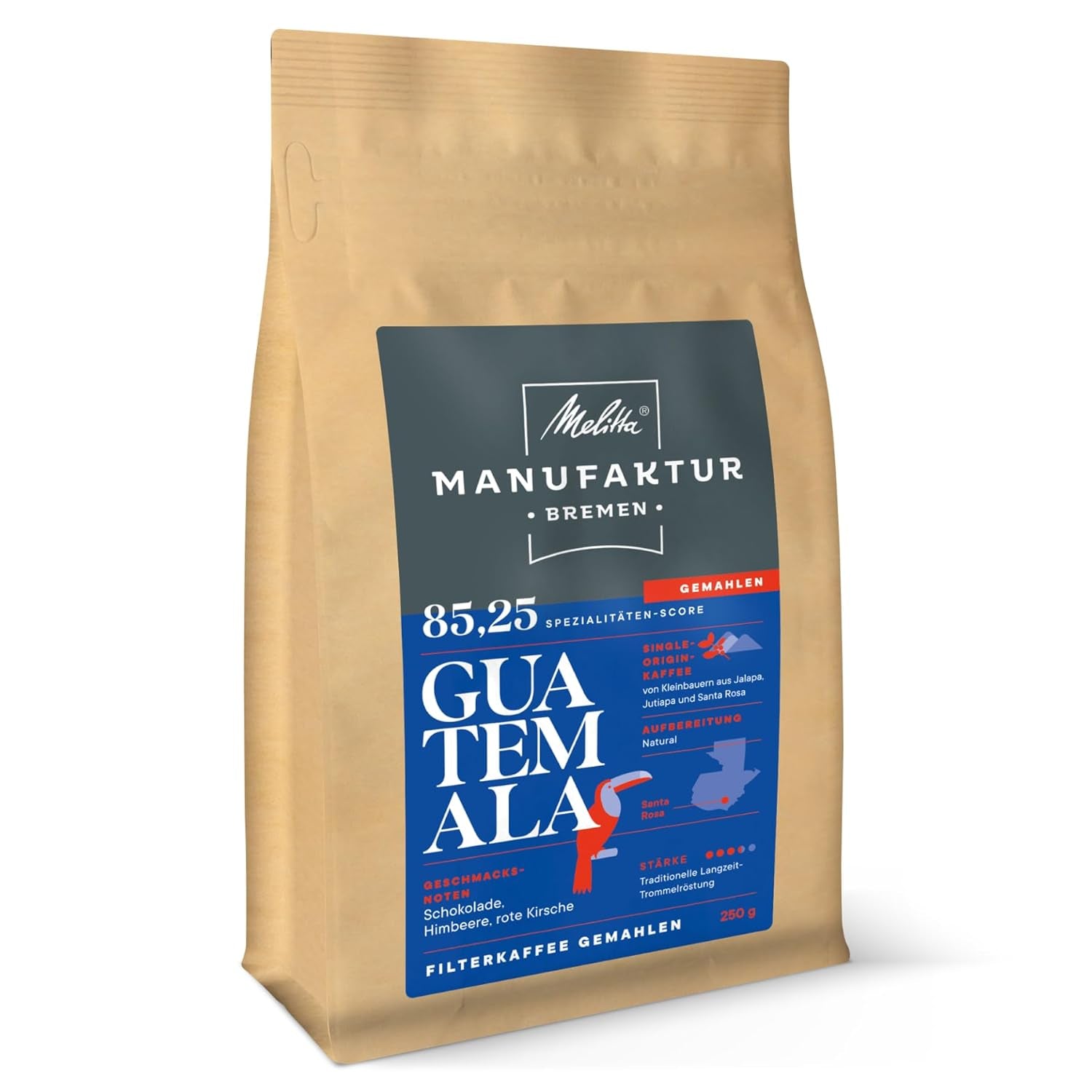 Melitta Manufaktur-Kaffee Guatemala Honey, cafea specială, 250G, boabe de cafea întregi, nemăcinate, cafea de origine unică, prăjire delicată cu tambur, prăjită în Germania, tărie 3 Cafea Naty Shop 250 grame Guatemala Natural Macinata