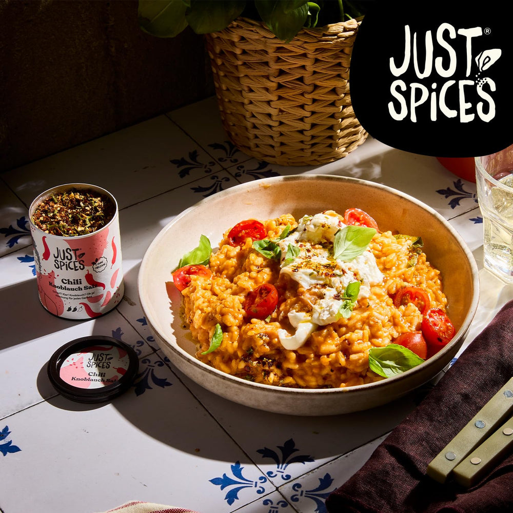 Just Spices Chili fokhagyma só I Gewürzmix, der zu allen Gerichten schmeckt I Gewürzdose, 55 g