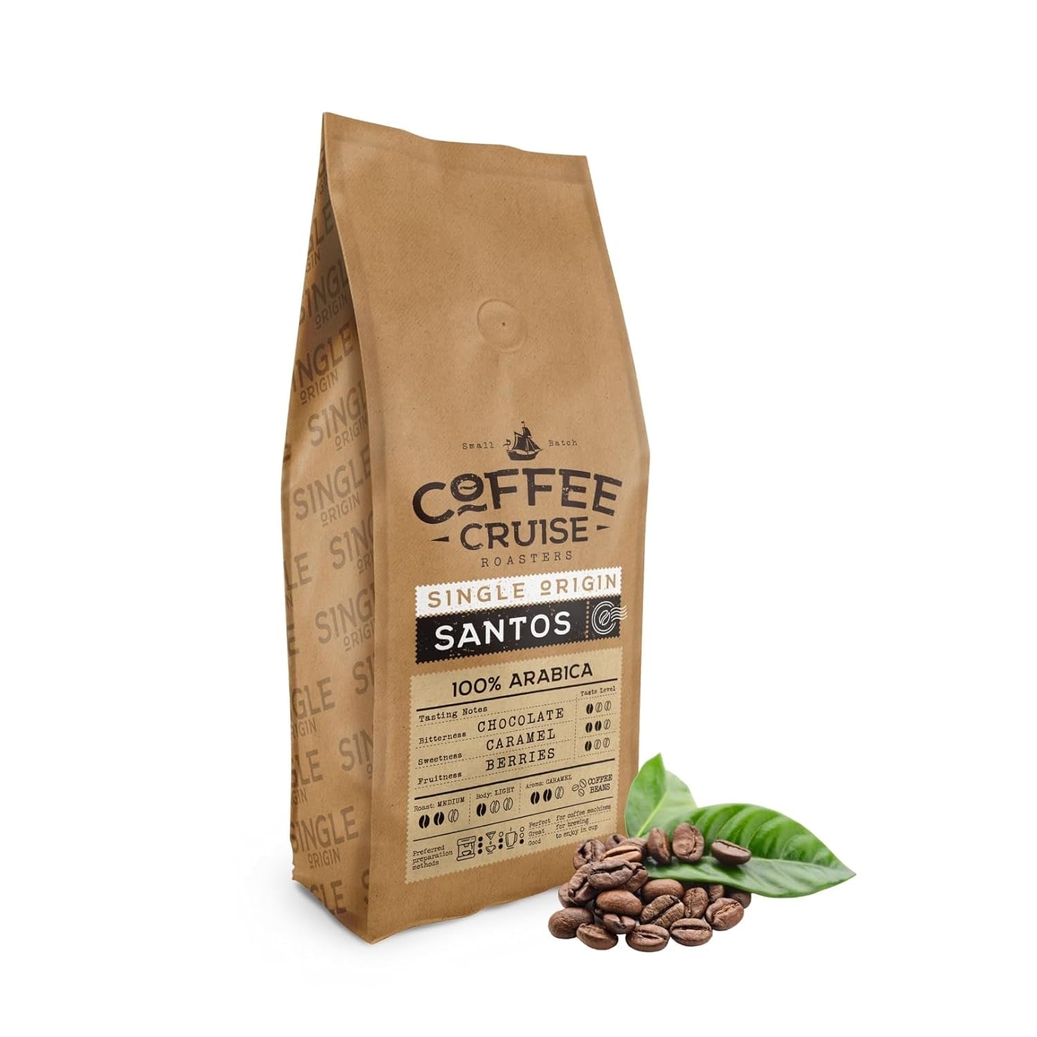 COFFEE CRUISE Santos Kaffeebohnen 1kg - Mittlere Röstung - Aroma Karamell - Für Alle Kaffeemaschinen - 100% Arabisch